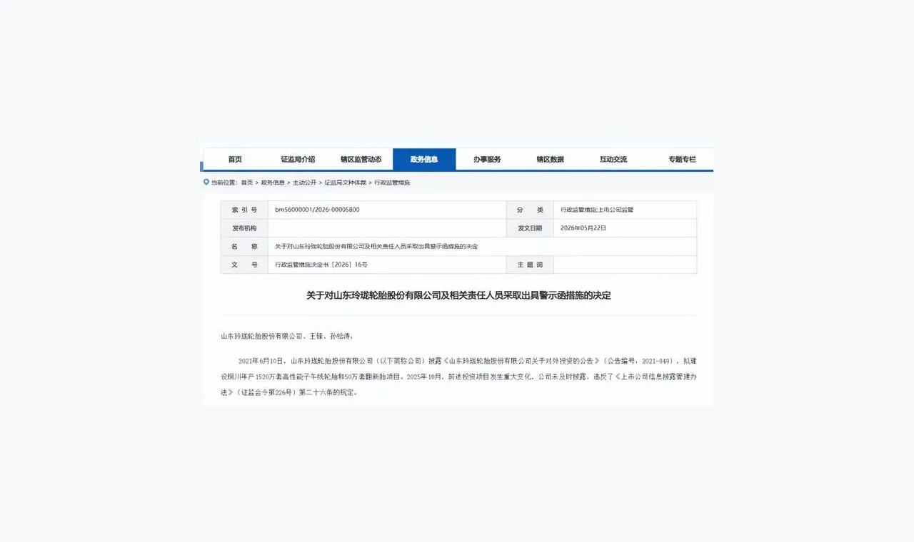 山东玲珑轮胎股份有限公司被警示，因信披不及时等 插图